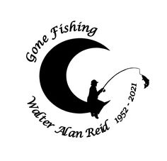 the logo for gone fishing water - an - red, with a man sitting on a crescent