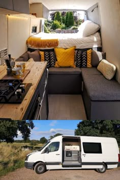 the interior and exterior of a camper van with an open kitchen, living room, and bedroom