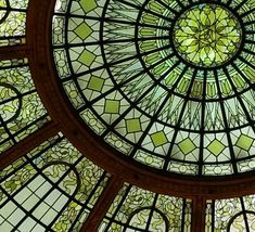 the inside of a large stained glass dome