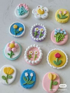 there are nine decorated cookies on the table together, each with different designs and colors