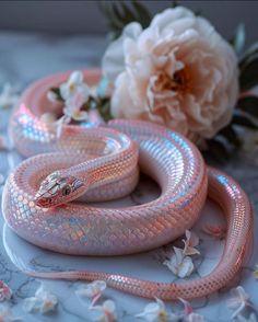 a pink snake on a white surface next to flowers