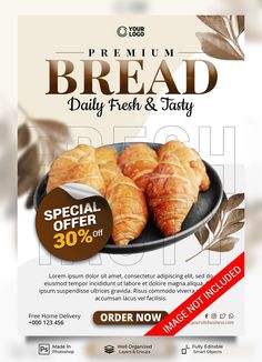 an advertisement for bread fresh and tasty with croissants on the plate