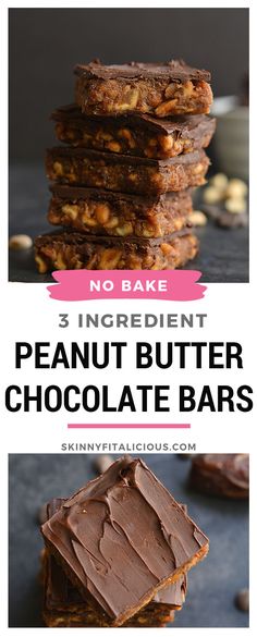 three ingredient peanut butter chocolate bars stacked on top of each other with text overlay