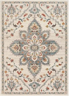 a rug with an ornate design on the front and back side, in beige tones