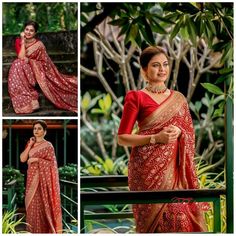 Blouse Ideas For Banarasi Saree, Georgette Banarasi Saree Blouse Designs, Shari Poses, Red Banarasi Saree Look, Court Marriage Outfit Indian, Preshoot Poses, Traditional Look In Saree, Banarasi Saree Look, Poses In Saree