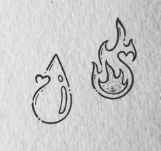 two drawings of fire and water on paper