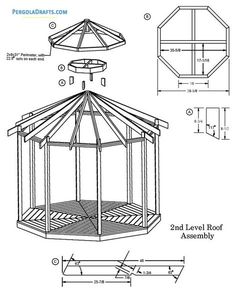 a drawing of a gazebo with measurements for the roof and side walls, including two levels