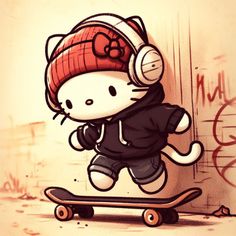 a hello kitty skateboarder wearing headphones is doing a trick on the wall