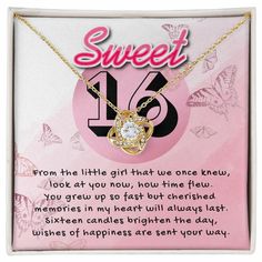 a necklace with the words sweet written on it in pink and gold, surrounded by butterflies