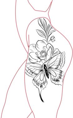 the outline of a woman's stomach with flowers on it and a butterfly flying over her belly