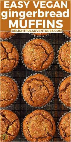 easy vegan gingerbread muffins on a cooling rack with text overlay