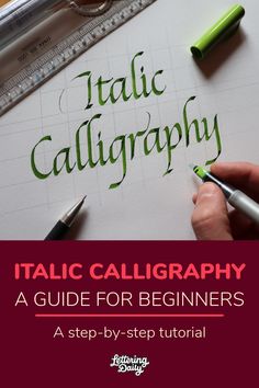 a person writing in green ink on top of a piece of paper with the words italian calligraphy