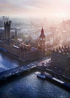 an aerial view of big ben and the river thames in london, england on a foggy day