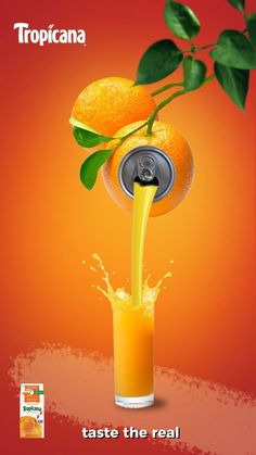 an orange drink being poured into a can with the caption taste the real orange juice