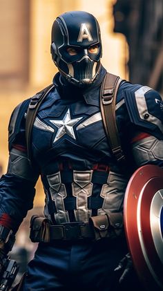 a man dressed as captain america walking down the street