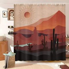 a bathroom with a shower curtain that has a desert scene on the outside and sun in the background