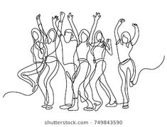 one continuous line drawing of people dancing and jumping in the air with their hands up