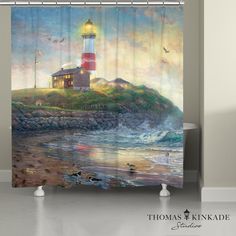 Thomas Kinkade Light of Hope Shower Curtain Solid Color Shower Curtain, Family Cottage, Lawn Furniture, Coastal Retreat, Floral Shower Curtains, Beautiful Curtains, Button Holes, Thomas Kinkade, Evening Sky