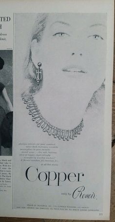 1956 Copper necklace by Renoir vintage costume jewelry ad | eBay Dark Costumes, Jewelry Ad, Magazine Advertisement, Jewelry Ads, Copper Necklace, Vintage Costume Jewelry, After Dark, Vintage Costumes, Costume Jewelry