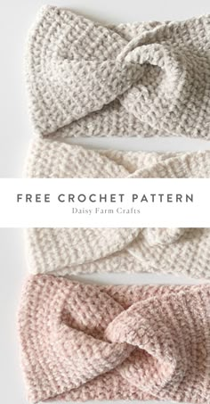 three crochet headbands with the words free crochet pattern on them