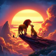 the lion king and cub sit on top of a rock in front of a sunset