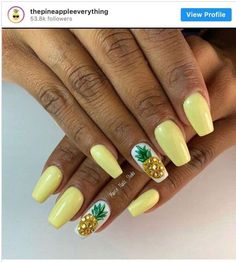 Vacation Nails Pineapple, Hawaii Inspired Nails, Pineapple Nail Art, Beach Nail Designs, Cute Summer Nail Designs, Organic Nails