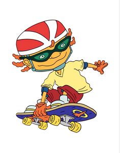 a cartoon character riding a skateboard with goggles on