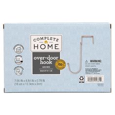 the complete home over - door hook is shown in its box, and it's ready to be opened