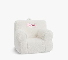 a white chair with the name ellena on it's back and pink lettering