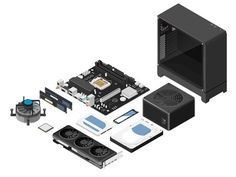 the components of a computer are shown in this 3d illustration, including motherboard and fan