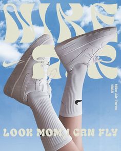 an advertisement for the nike air force 1 sneaker, with someone's feet in white socks