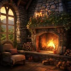 a room with a fire place and lots of logs on the floor next to it