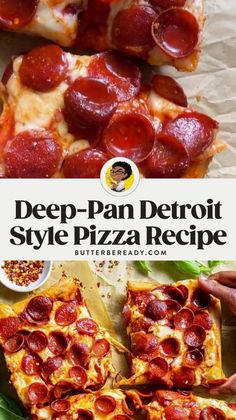 deep - pan detroit style pizza recipe with pepperoni and cheese on the top is shown