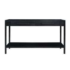 a black console table with two drawers on one side and an open drawer on the other