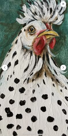 a painting of a white chicken with black spots