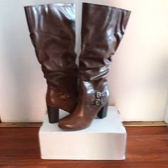 Brand New In The Box 3.5 Inch Heel 15-In Calf Circumference Wide Calf Brown Mid-calf Boots With Reinforced Heel, Brown Wide Calf Mid-calf Boots With Stacked Heel, Brown Mid-calf Boots With Reinforced Heel, Brown Wide Calf Mid-calf Boots With Buckle Closure, Brown Wide Calf Knee-high Boots With Zipper, 5 Inch Heels, Moto Boots, Riding Boots, Women's Style