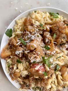 a white plate topped with pasta and meat