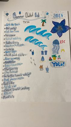 this is a drawing of a list of things to do in the ocean with pictures on it