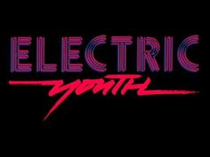 the electric youth logo in pink and purple on a black background with red lettering that says electric youth