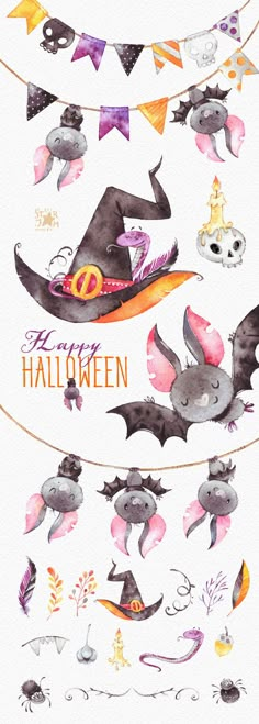 watercolor halloween clipart with bats, witches and pumpkins in the background text reads buenos dias happy halloween