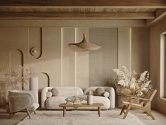 a living room filled with white furniture and lots of plants on the wall next to it