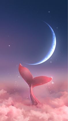 a red whale tail floating in the sky next to a crescent moon above clouds and stars