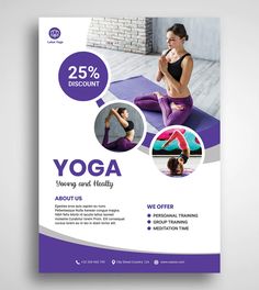 a yoga flyer template with two women doing yoga poses on the mat and one woman in purple