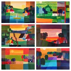 four paintings of houses and trees in different colors, with the sun setting behind them