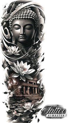 an artistic tattoo design with buddha and flowers