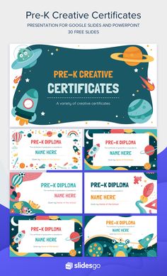 the certificate for pre - k creatives is displayed in front of a blue background