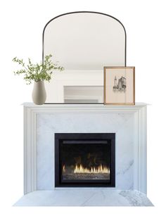 a white fireplace with a mirror above it and a vase on the mantle next to it