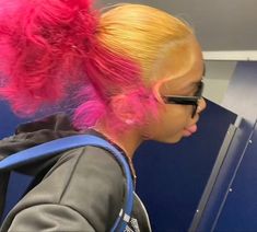 Pink Bun Hairstyles, Blonde N Pink Hair, Blonde Roots Pink Ends Natural Hair, Undercut Dyed Hair Curly, Rainbow Skunk Stripe Hair, Dyed Natural Hair Ideas, Cute Hair Colors For Black Women, Hair Stripes, Skunk Stripe