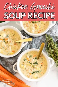 three bowls of chicken gnocchini soup with carrots and parsley on the side