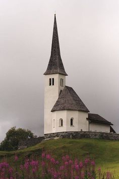 an old church on top of a hill with purple flowers in the foreground and dark clouds in the background